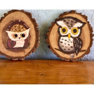 Owl Wall Decor-Hand painted Wood Slices Owls 1980 Signed